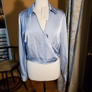 Joie Pale Blue Satin Wrap-Front Blouse